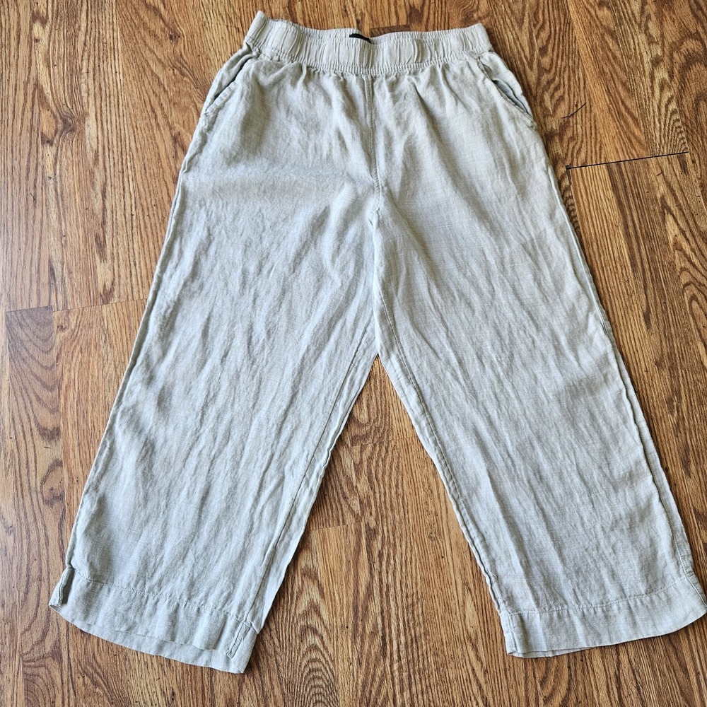 Tahari 100% Linen Wide Leg Pant L Womens Light Green Baggy Comfort Natural Fiber